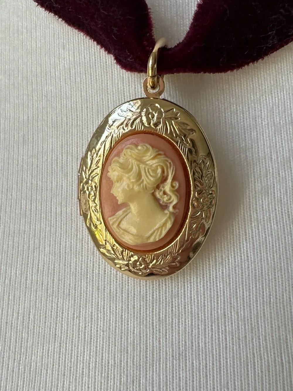 Vintage Burgundy velvet choker with ornate gold cameo portrait locket pendant